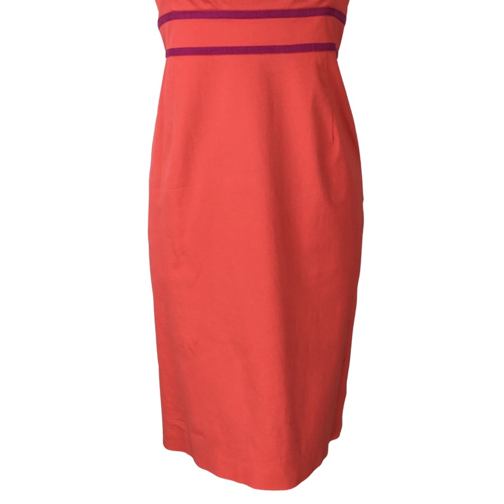 Boden Coral Peach with Fuchsia Ribbon Detail Sleeve Sheath Midi Dress size 8 - Picture 7 of 15